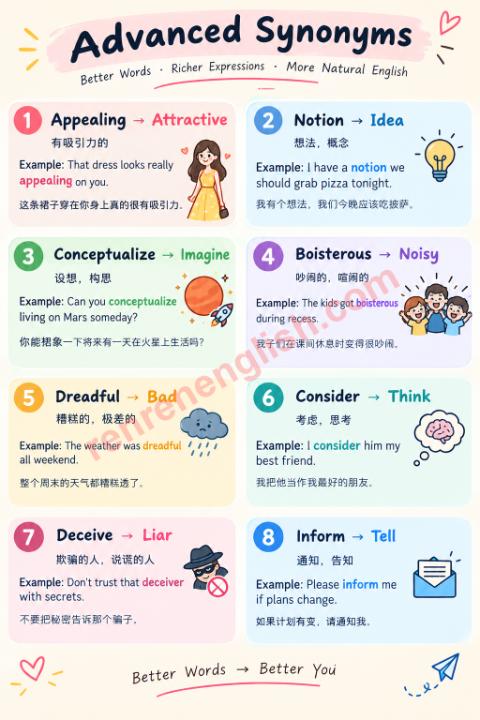 📌英语高级同义词速查表｜8组替换词+例句